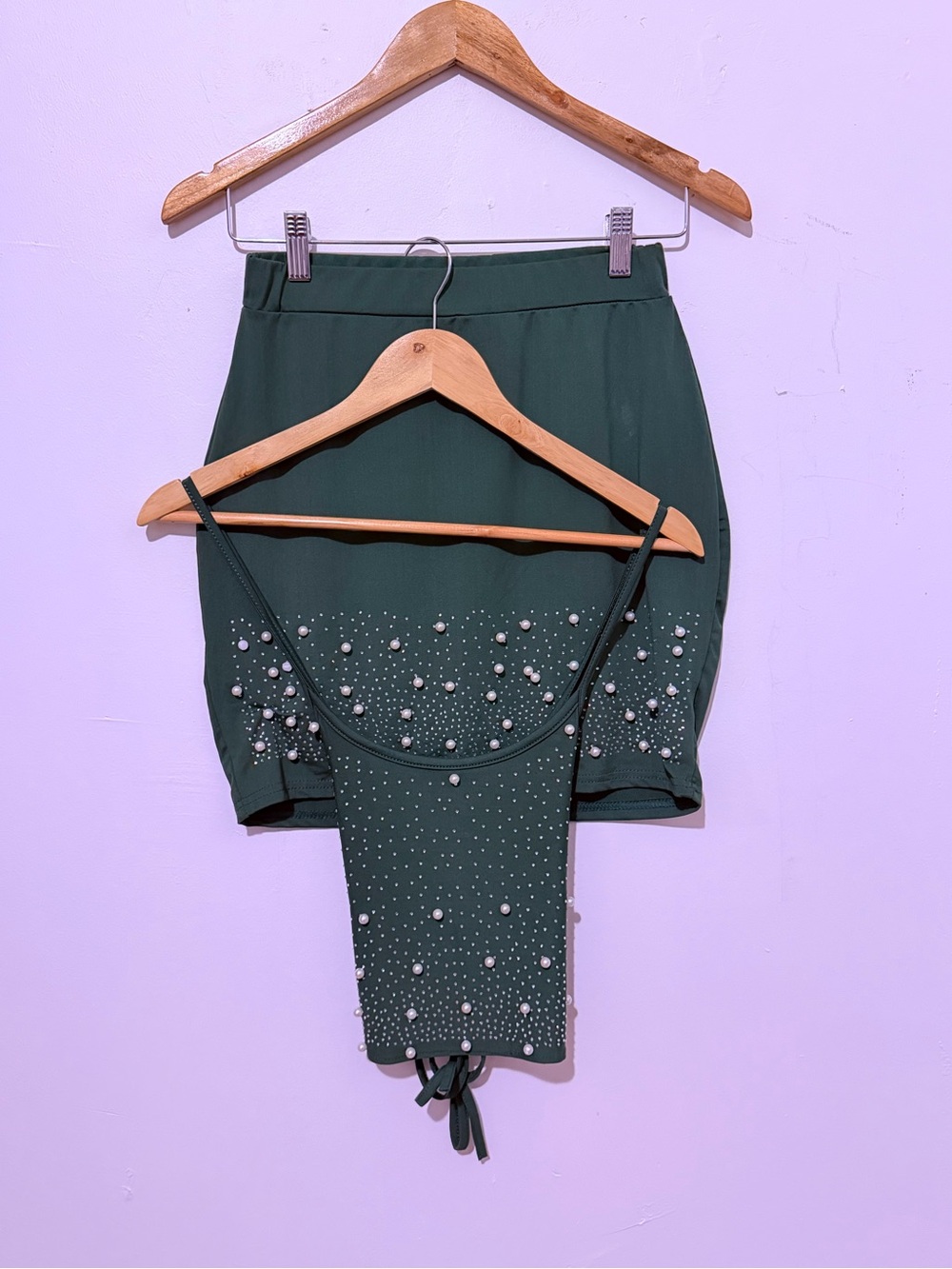 Merona Dark Green Pearl & Stud Embellished Skirt Set